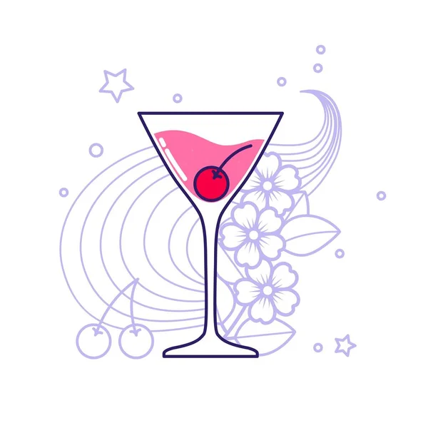 Coquetel Alcoólico Manhattan Com Flores Cereja Estrelas Fundo Ilustração Vetorial —  Vetores de Stock