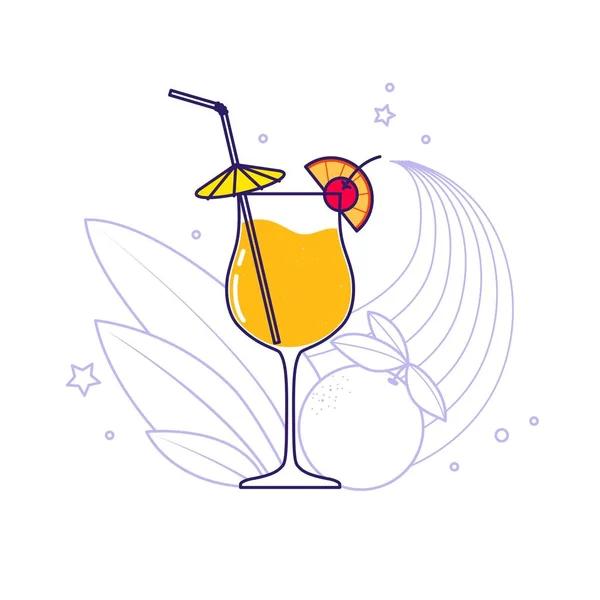 Alcoholische Cocktail Tequila Zonsopkomst Met Sinaasappel Bladeren Achtergrond Vector Illustratie — Stockvector