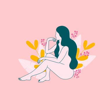 Arka planda uzun saçlı, yapraklı ve dutlu bir kadın. Kadınlık ve kendine bakım kavramı. Pembe arkaplanda modern tarzda izole edilmiş vektör illüstrasyonu