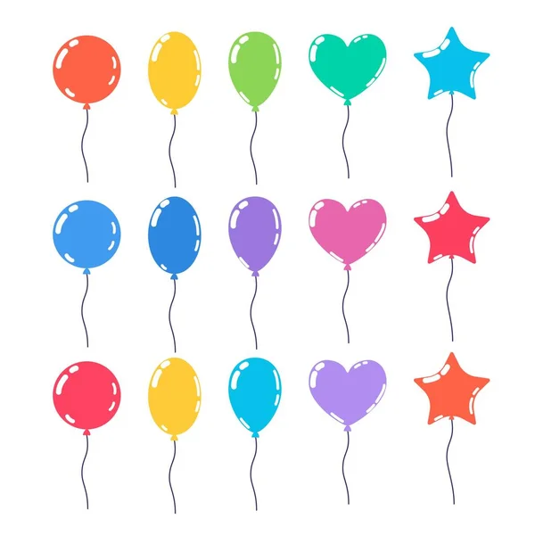 Verzameling Van Veelkleurige Ballonnen Van Verschillende Vormen Platte Vectorillustratie — Stockvector