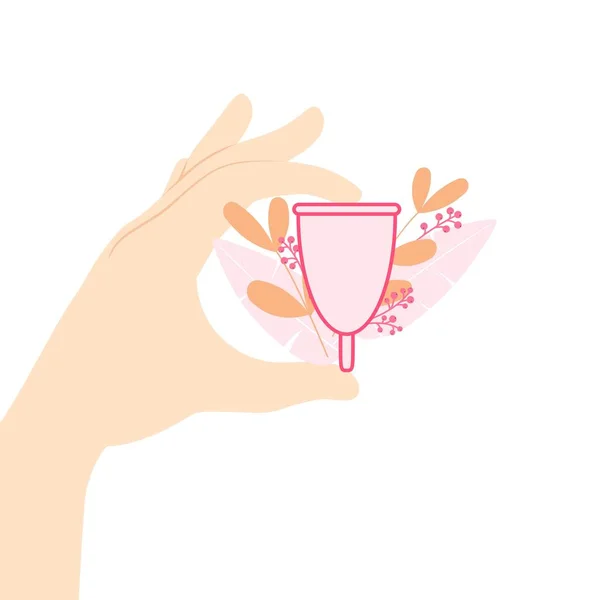 Ręka Kobiety Trzymać Menstruacyjny Kubek Kwiatami Tle Ilustracja Izolowanego Wektora — Wektor stockowy