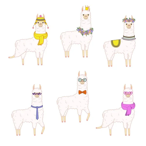 Kolekce Roztomilých Lamas Příslušenstvím Brýle Šátky Klobouky Květiny Vektorové Ilustrace — Stockový vektor