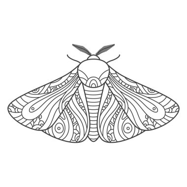 Dekoratif fantastik güve. Renklendirmek için kanatları süslerle kaplıdır. Vektör illüstrasyonu beyaz arkaplanda izole edildi.