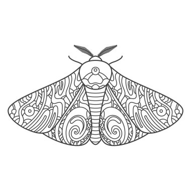 Dekoratif fantastik güve. Renklendirmek için kanatları süslerle kaplıdır. Vektör illüstrasyonu beyaz arkaplanda izole edildi.