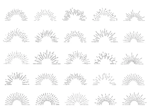 Kolekce Ručně Kreslených Sunburst Retro Stylu Půlkruh Vektorové Ilustrace Izolované — Stockový vektor