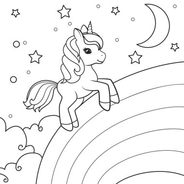 Tek boynuzlu at yıldızlı gökyüzünün arka planında, ay ve bulutlar gökkuşağı boyunca koşar. Boyama kitabı sayfası. Beyaz arkaplanda vektör illüstrasyonu