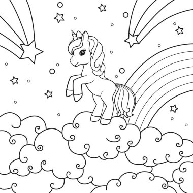 Arkaplanda kayan yıldızlar, bulutlar ve gökkuşağı olan bir tek boynuzlu at bir bulutun üzerinde duruyor. Boyama kitabı sayfası. Beyaz arkaplanda vektör illüstrasyonu.