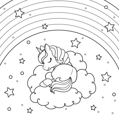 The unicorn sleeping on the cloud against the background of the starry sky and rainbow. Coloring book page. Vector illustration on white background. clipart