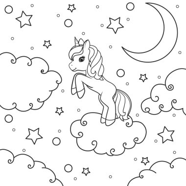 Mutlu bir tek boynuzlu at yıldızlı gökyüzünün ve ayın arka planında bir bulutun üzerinde duruyor. Boyama kitabı sayfası. Vektör illüstrasyonu beyaz arkaplanda izole edildi