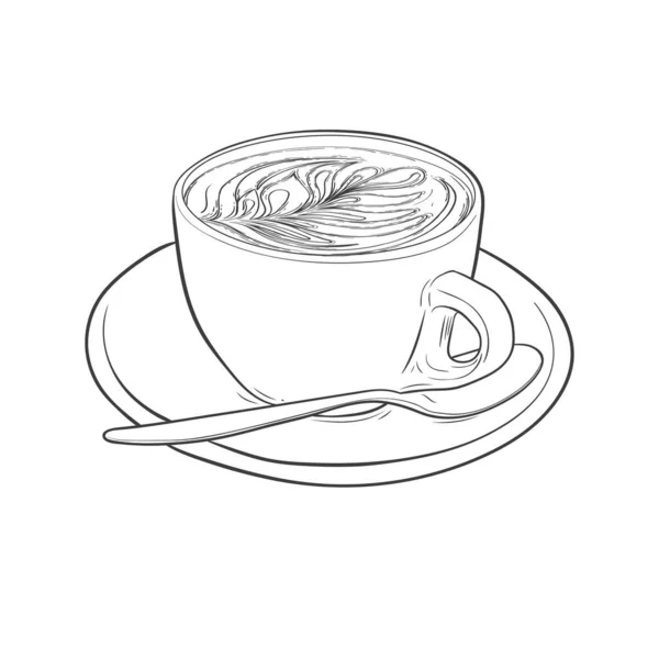 Kopp Kaffe Med Rosetta Latte Konstskiss Vektor Illustration Isolerad Vit — Stock vektor