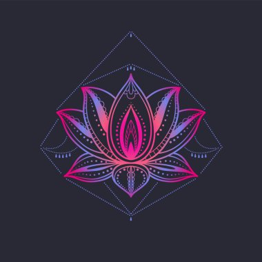 Kutsal Lotus çiçeği geometrik süslemelerle süslenmiş. Vektör illüstrasyonu koyu arkaplanda izole edildi