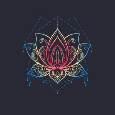 Kutsal Lotus çiçeği geometrik süslemelerle süslenmiş. Vektör illüstrasyonu koyu arkaplanda izole edildi