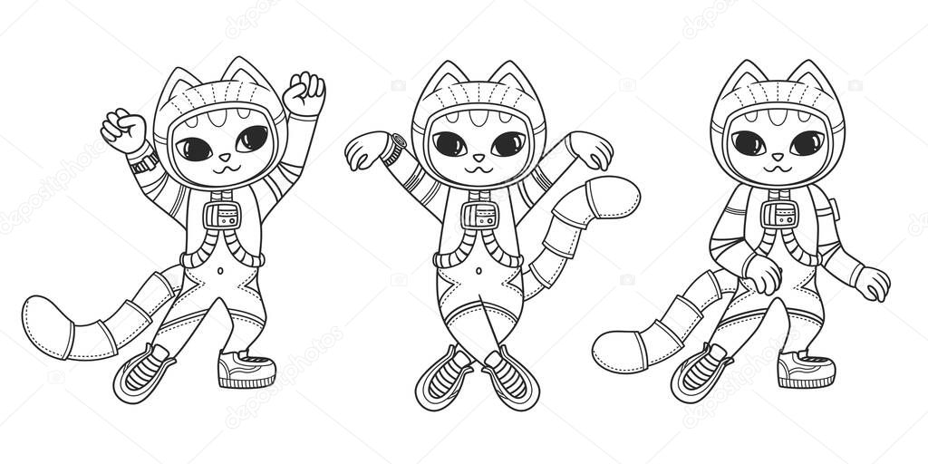 Collection of cute dancing cats in a spacesuit. Astronaut kitten. Vector illustration isolated on white background