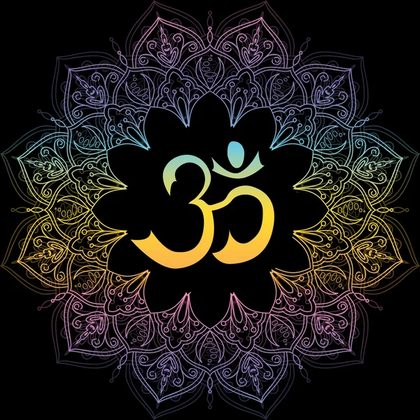 Om símbolo, aum signo, con decorativo mandala ornamento indio, aislado sobre fondo negro. Ilustración vectorial — Vector de stock