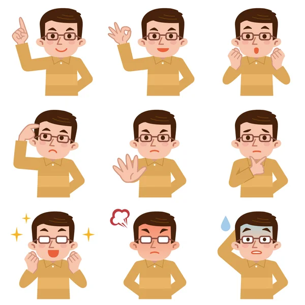 Beyaz arka plan üzerinde orta yaşlı adam yüz ifadeleri kümesi