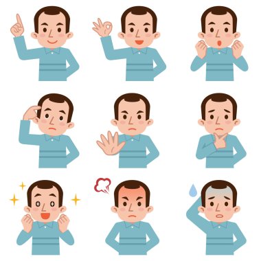 Beyaz arka plan üzerinde orta yaşlı adam yüz ifadeleri kümesi