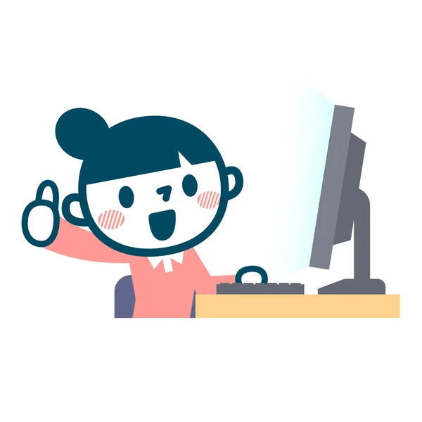 OK pose de mujer joven y una computadora personal — Vector de stock