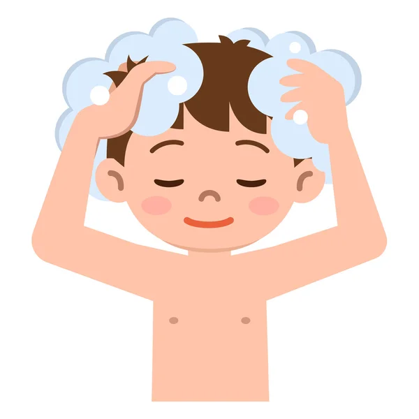 Junge wäscht sich die Haare mit Shampoo — Stockvektor