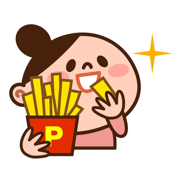 Ung kvinna äta pommes frites — Stock vektor