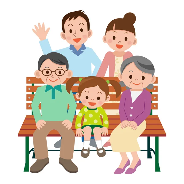 Familia feliz sentada en un banco — Vector de stock