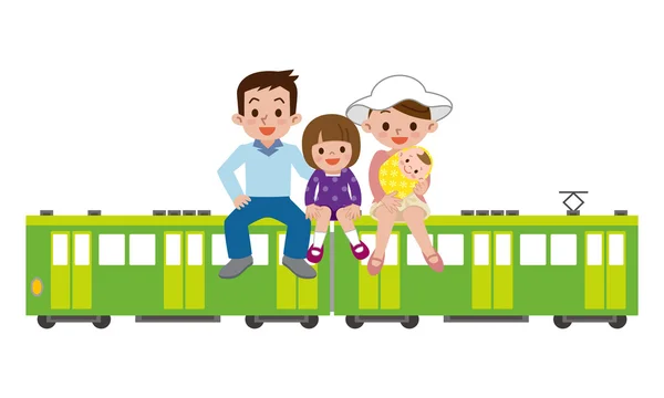 Familia feliz y tren — Vector de stock