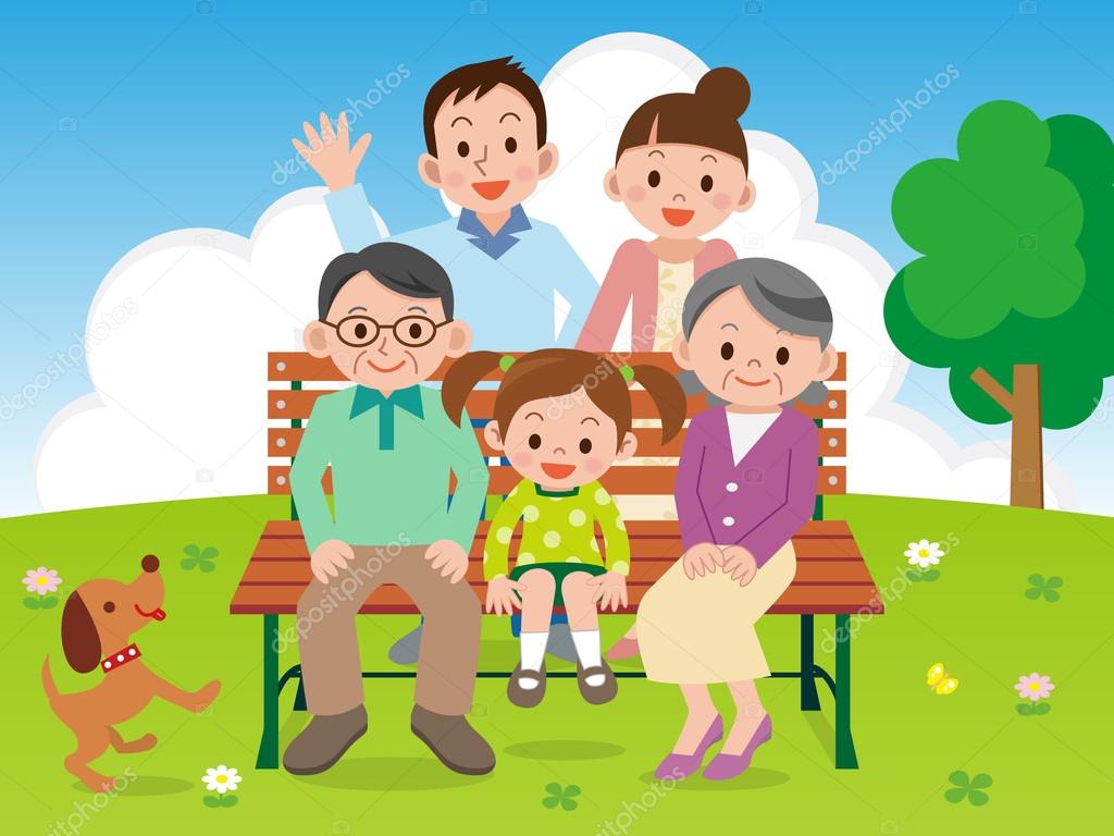 Happy family sitting on a park bench
