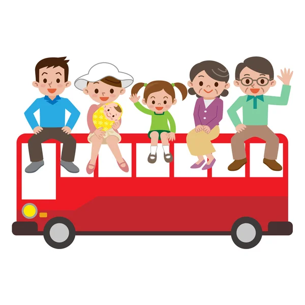 Famille heureuse et bus touristique — Image vectorielle