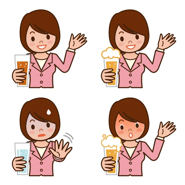 Küme ifade genç kadının bira içiyor — Stok Vektör