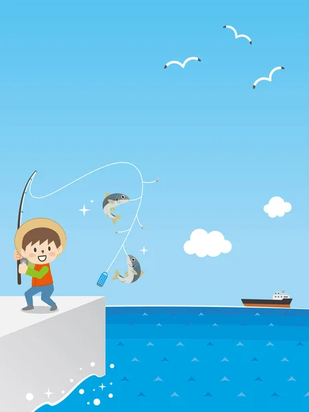 Niño Pescando Terraplén — Vector de stock