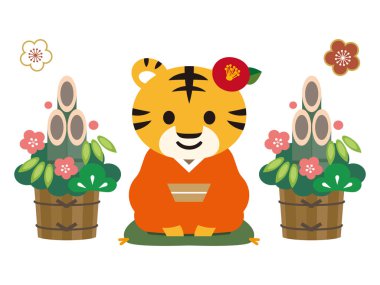 2022 yılbaşı kartı materyali. Kimonolu dişi kaplan.