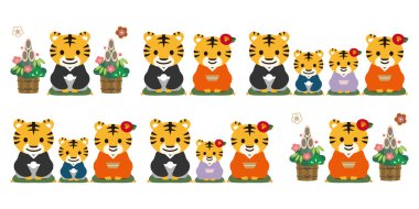 2022 yılbaşı kartı materyali. Kimonolu bir kaplanın ebeveyni ve çocuğu.