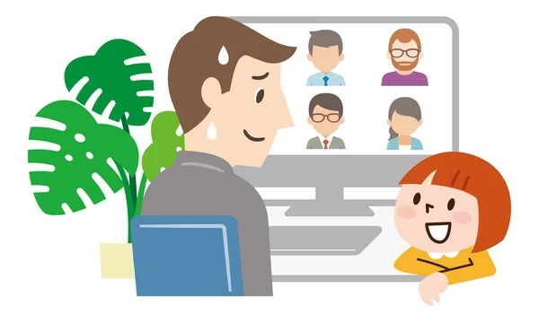Ilustrace Podnikatele Který Potíže Rozhovorem Dítětem Během Online Setkání — Stockový vektor