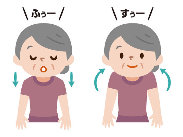 Illustration of a senior woman taking a deep breath. Japanese characters translation: "Breath sounds".
