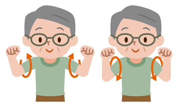 Ilustrace Staršího Muže Jak Otáčí Ruce Uvolňuje Ramena — Stockový vektor