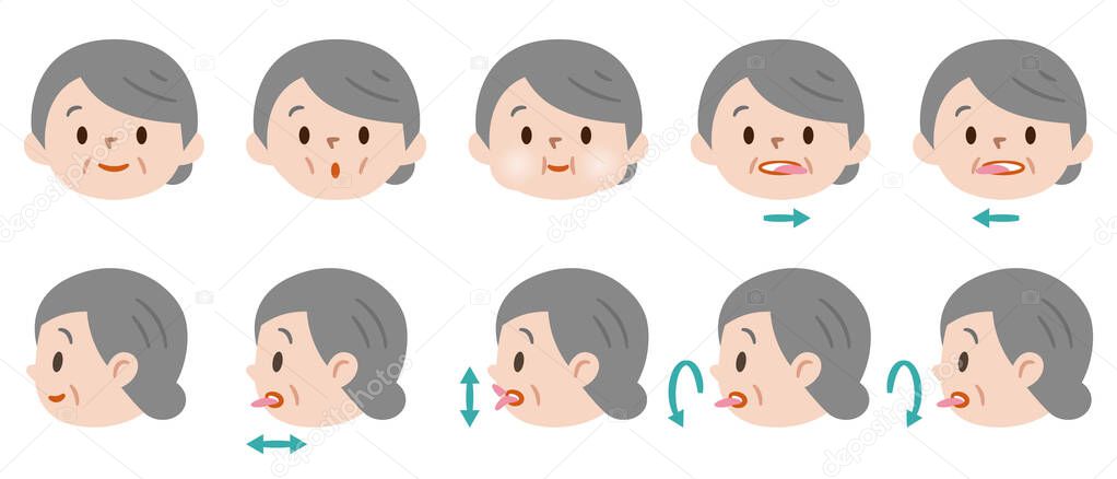 Illustration of a senior woman doing mouth and tongue exercises