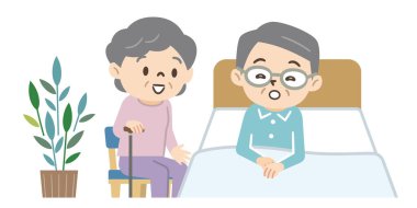 Yatakta yatan yaşlı bir adam ve onu ziyarete gelen karısının resmi.