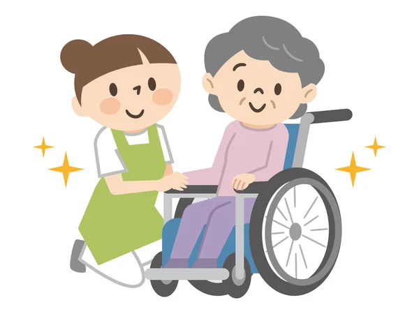 Ilustrace Starší Ženy Usměvavém Invalidním Vozíku Pečovatelky Tulící — Stockový vektor