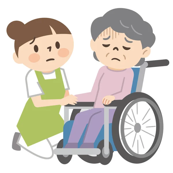 一个坐轮椅 情绪低落的老年妇女和一个依偎在轮椅上的照顾者的形象 — 图库矢量图片