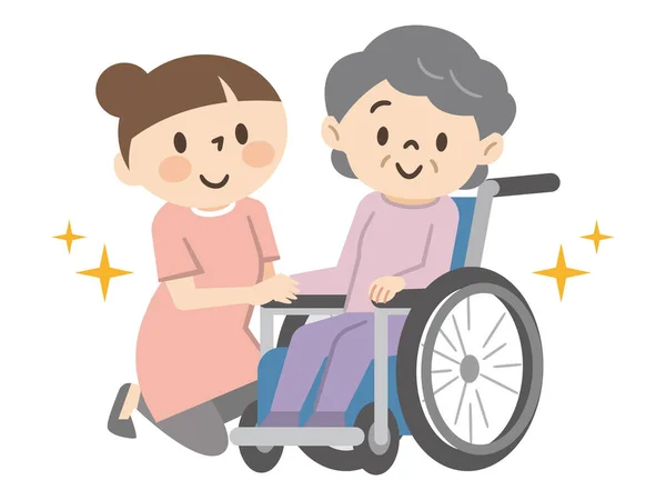 一个坐着微笑轮椅的老年妇女和一个依偎在一起的妇女的画像 — 图库矢量图片