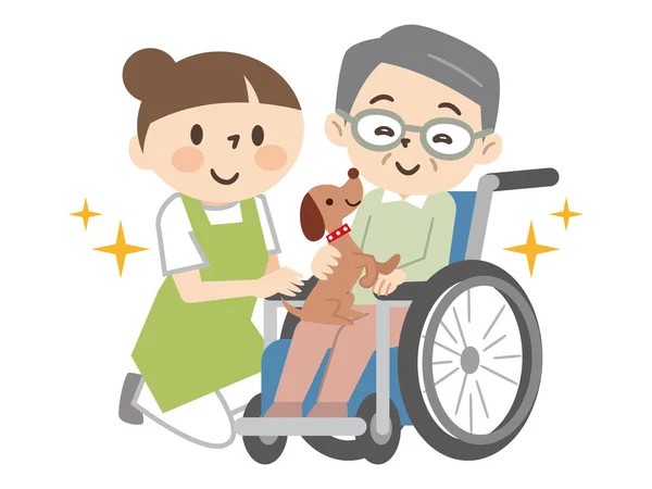 动物辅助疗法 老年人和照顾者与动物互动 — 图库矢量图片