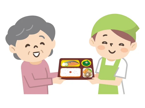 Illustration Äldre Kvinna Som Använder Hemleverans Lunchtjänst — Stock vektor