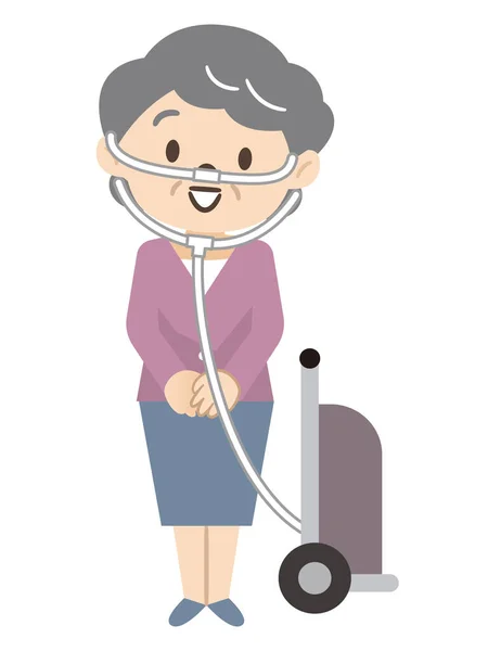 Illustration Senior Woman Traveling Portable Oxygen Cylinder — 스톡 벡터