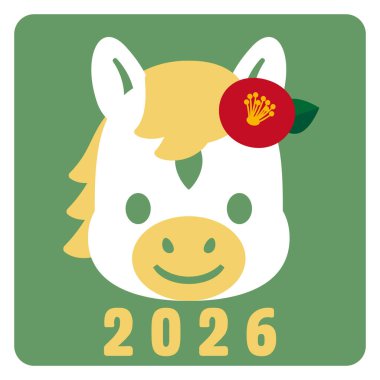 Kamelya Çiçeği Yeşil Arkaplan ve Yıl Numaralı 2026 At Simgesi