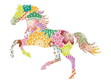 Güzel Japon Çiçek desenli At Silueti Yeni Yıl için Renkli Vektör Çizimi