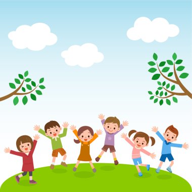 Grup mavi gökyüzü ile çim tepede atlama çocuk