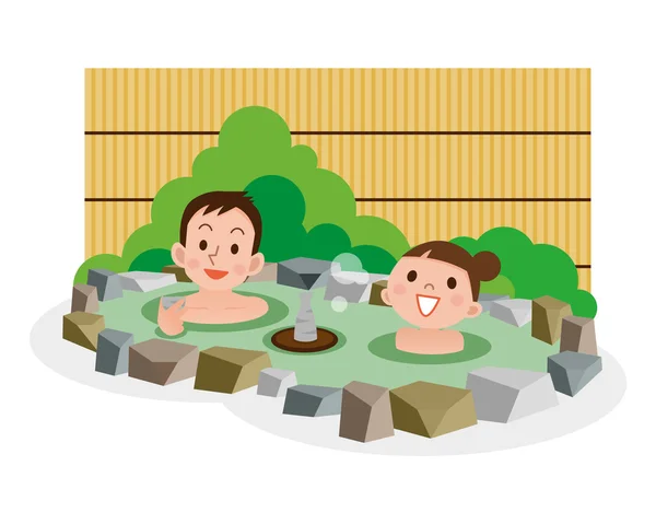 年轻的小两口，在温泉中沐浴 — 图库矢量图片