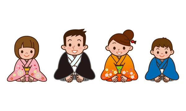 Familia usando un kimono — Vector de stock