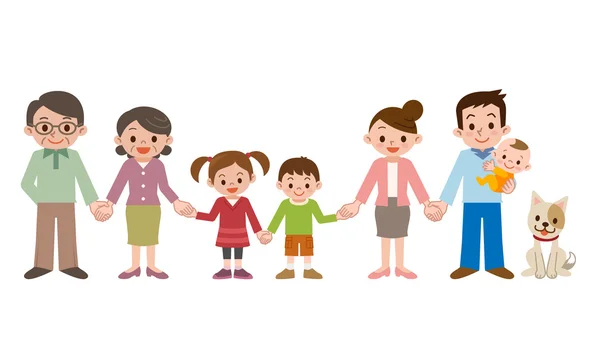 Sosteniendo las manos feliz familia de tres generaciones — Vector de stock