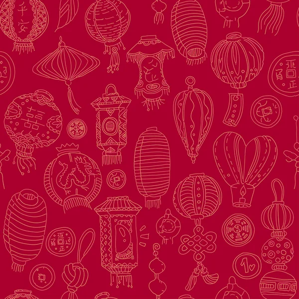 Patrón gráfico sin costuras con linternas y monedas estilizadas. Chino — Archivo Imágenes Vectoriales