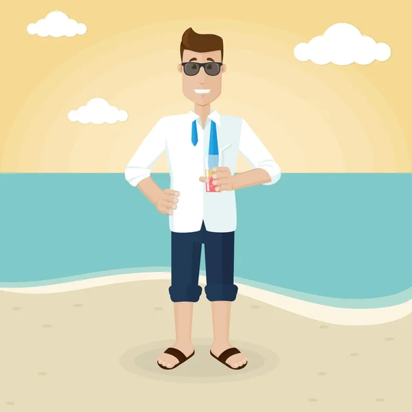 Бизнесмен на пляже с коктейлем — стоковый вектор